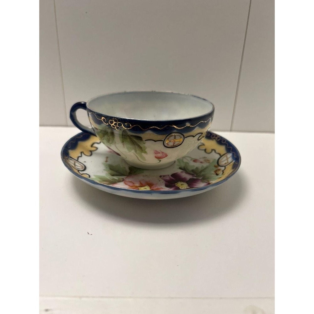 Vintage Hand Painted Japanese Porcelain Tea Cup and Saucer with Gold Trim